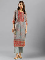 Grey Chinon Digital Printed With Hand Work Kurta - Himanshi | Grocsy