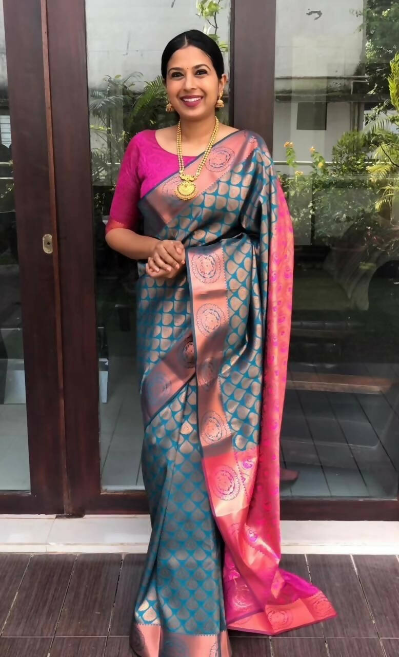 DEIANA'S Beautiful Designer Golden zari Soft Lichi Silk Saree - Blue | Grocsy