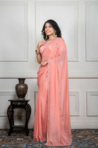 Morchari Peach Chiffon Hand Embroidery Saree And Stitched Blouse | Grocsy