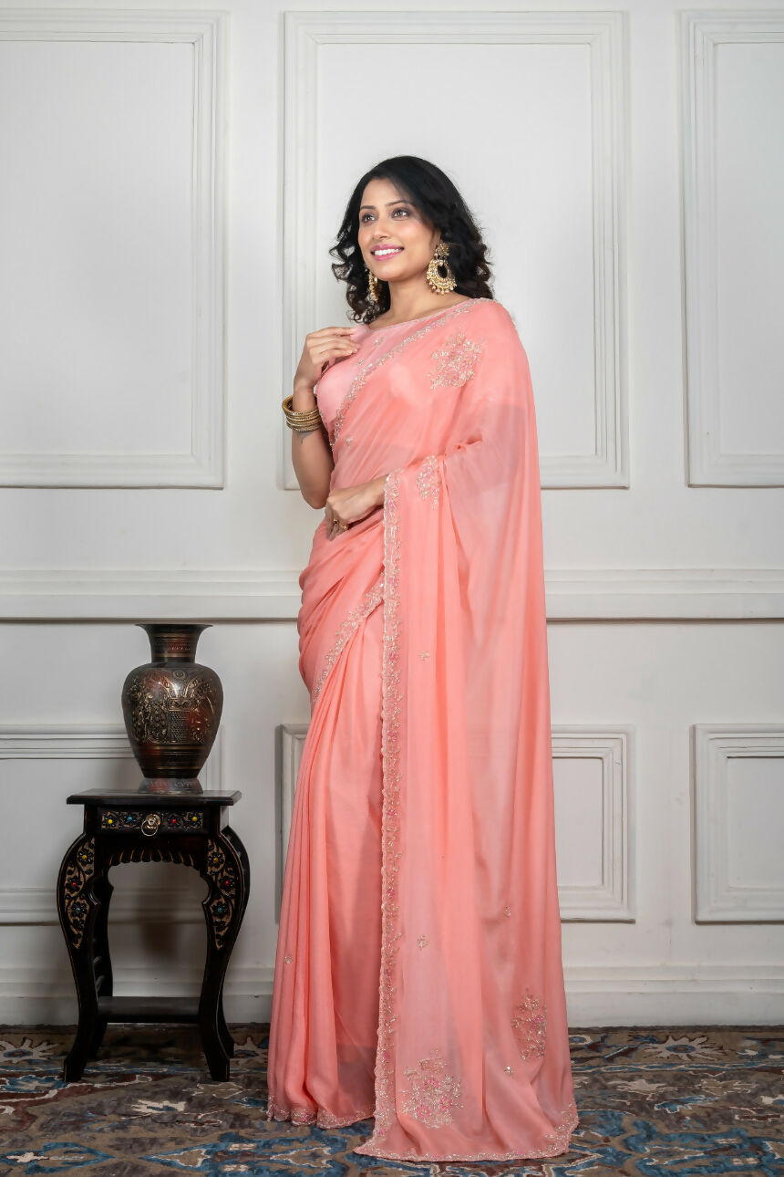 Morchari Peach Chiffon Hand Embroidery Saree And Stitched Blouse | Grocsy