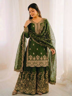 Teeya Creation Green Color Gymmi Silk Embroidery Work Wedding Wear Sharara Set | Grocsy