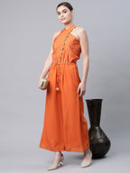 Ahalyaa Womens Orange Crepe Gold Stripped Print Jumpsuit | Grocsy