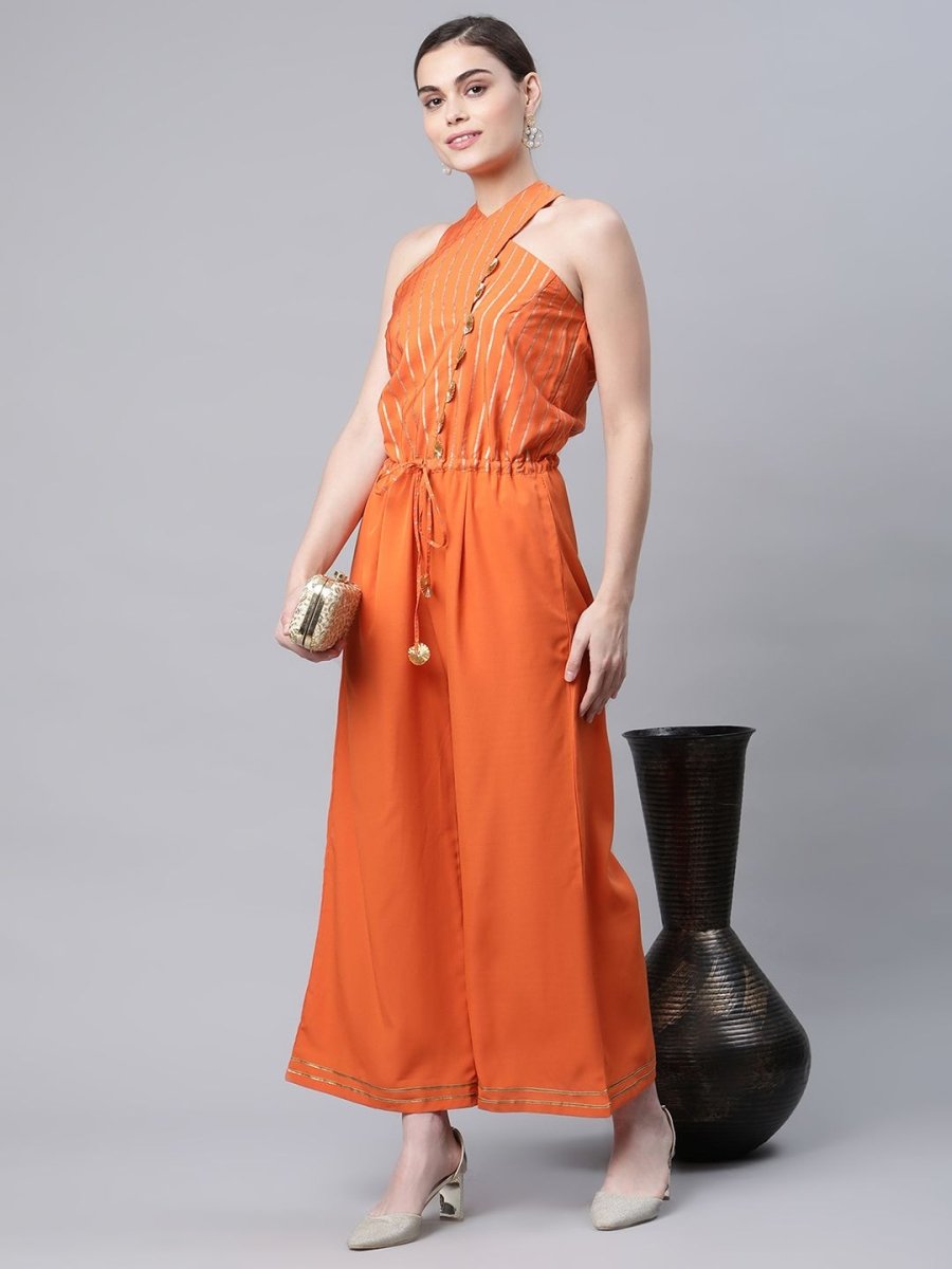 Ahalyaa Womens Orange Crepe Gold Stripped Print Jumpsuit | Grocsy