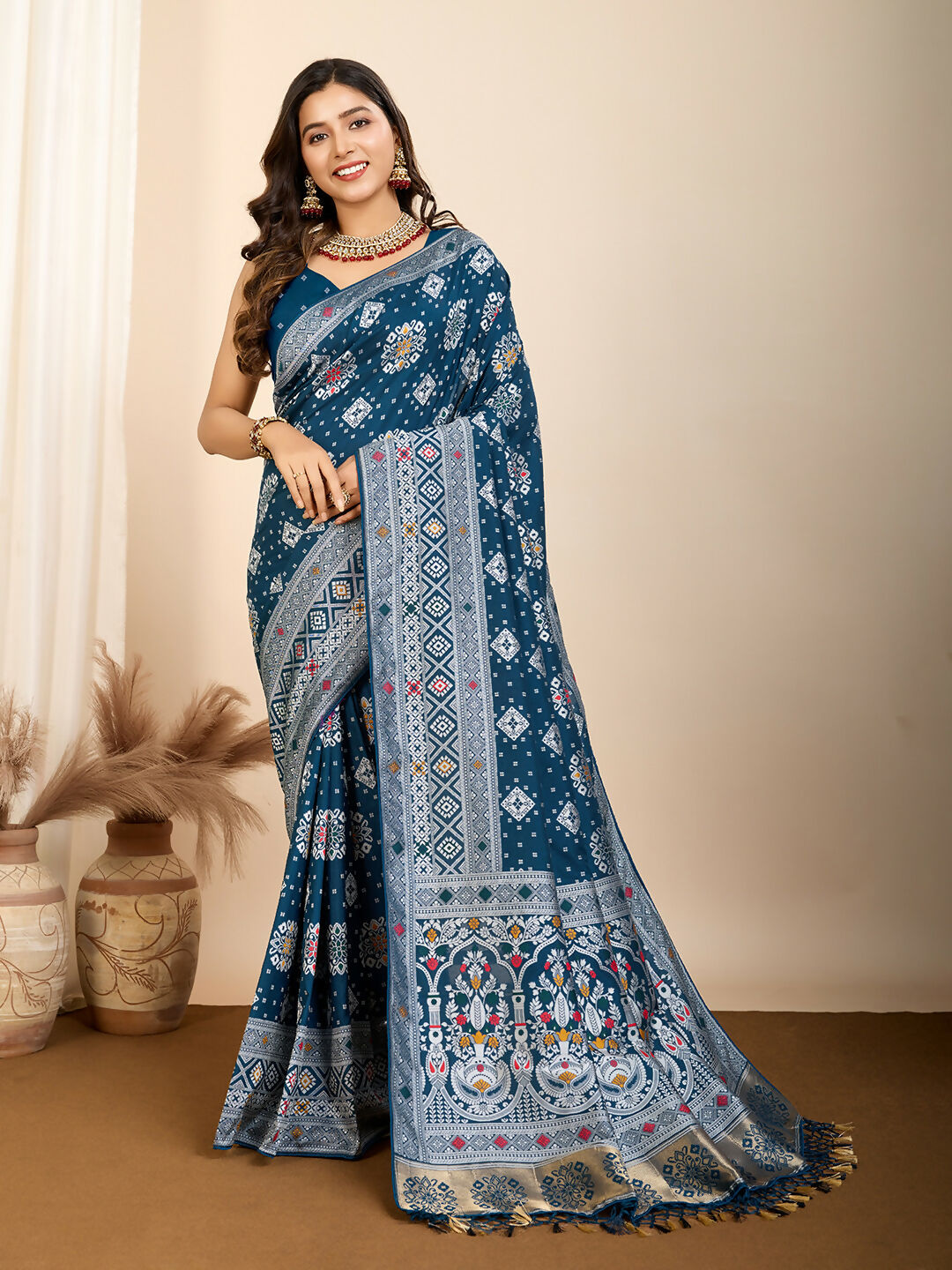 Teal Blue Soft Silk Woven Meenakari Designer Saree - Vedanti | Grocsy