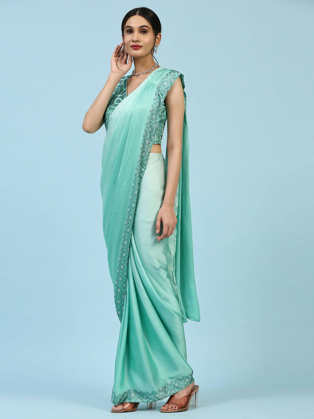 Sea Green Ombre Satin Georgette Plain Ready to wear Saree with stitched Blouse - Vrinda | Grocsy