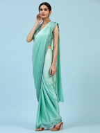 Sea Green Ombre Satin Georgette Plain Ready to wear Saree with stitched Blouse - Vrinda | Grocsy