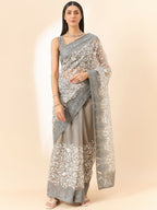 Grey Organza Floral Embroidered Saree with Unstitched Blouse Piece - Roozal | Grocsy