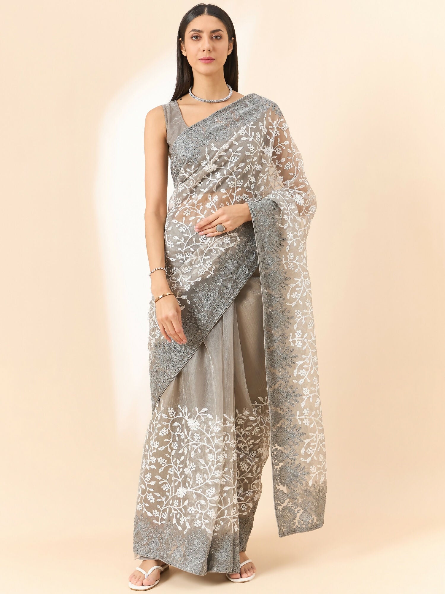 Grey Organza Floral Embroidered Saree with Unstitched Blouse Piece - Roozal | Grocsy
