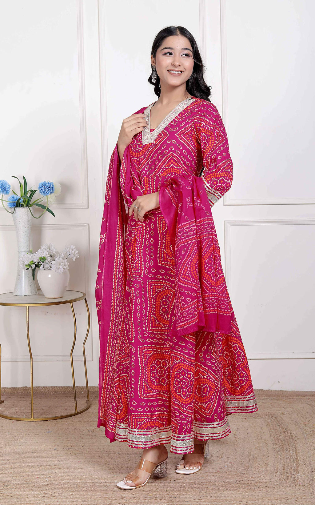Miravan Women's Bandhani Ethnic Anarkali Kurta and Dupatta | Grocsy