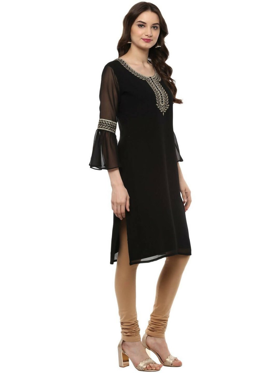 Ahalyaa Women's Black Georgette Glitter Print Kurta | Grocsy