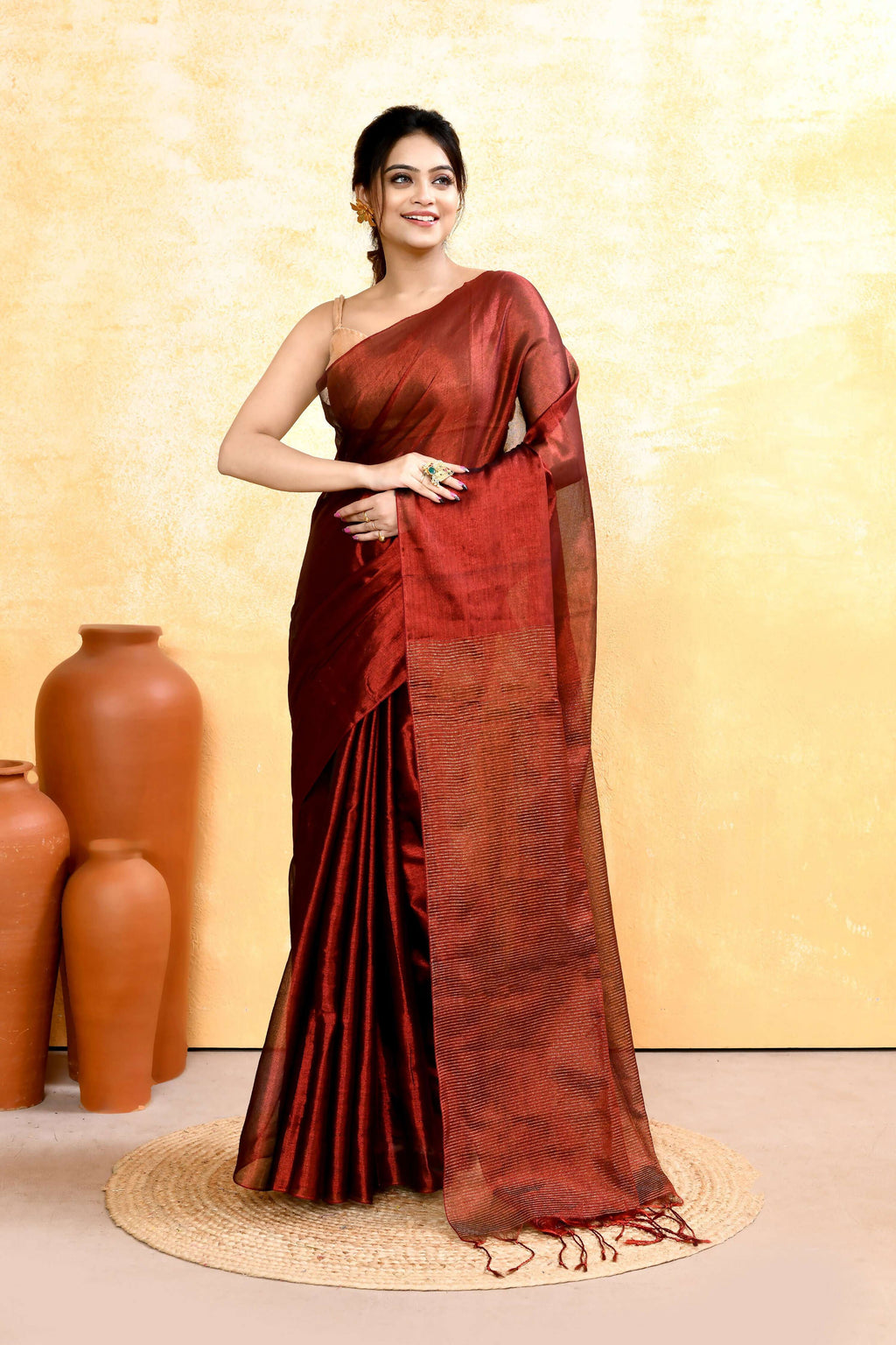Piyari Fashion Women's Maroon Dual Tone Organic Tissue Saree With Blouse Piece | Grocsy