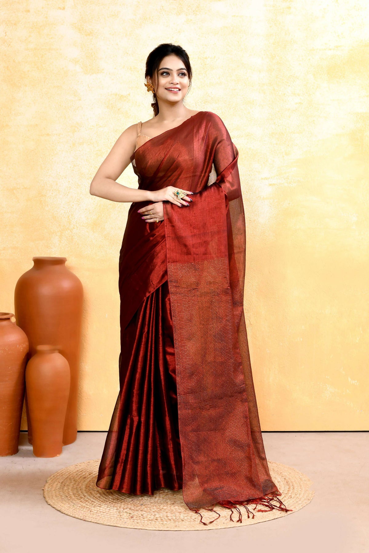 Piyari Fashion Women's Maroon Dual Tone Organic Tissue Saree With Blouse Piece | Grocsy