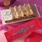 Sea Blue Beads & Stones Rakhi With Kaju Anjeer Barfi Combo | Grocsy