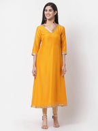 Myshka Yellow Printed Silk Blend 3/4 Sleeve V Neck Casual Kurta Dupatta Set | Grocsy