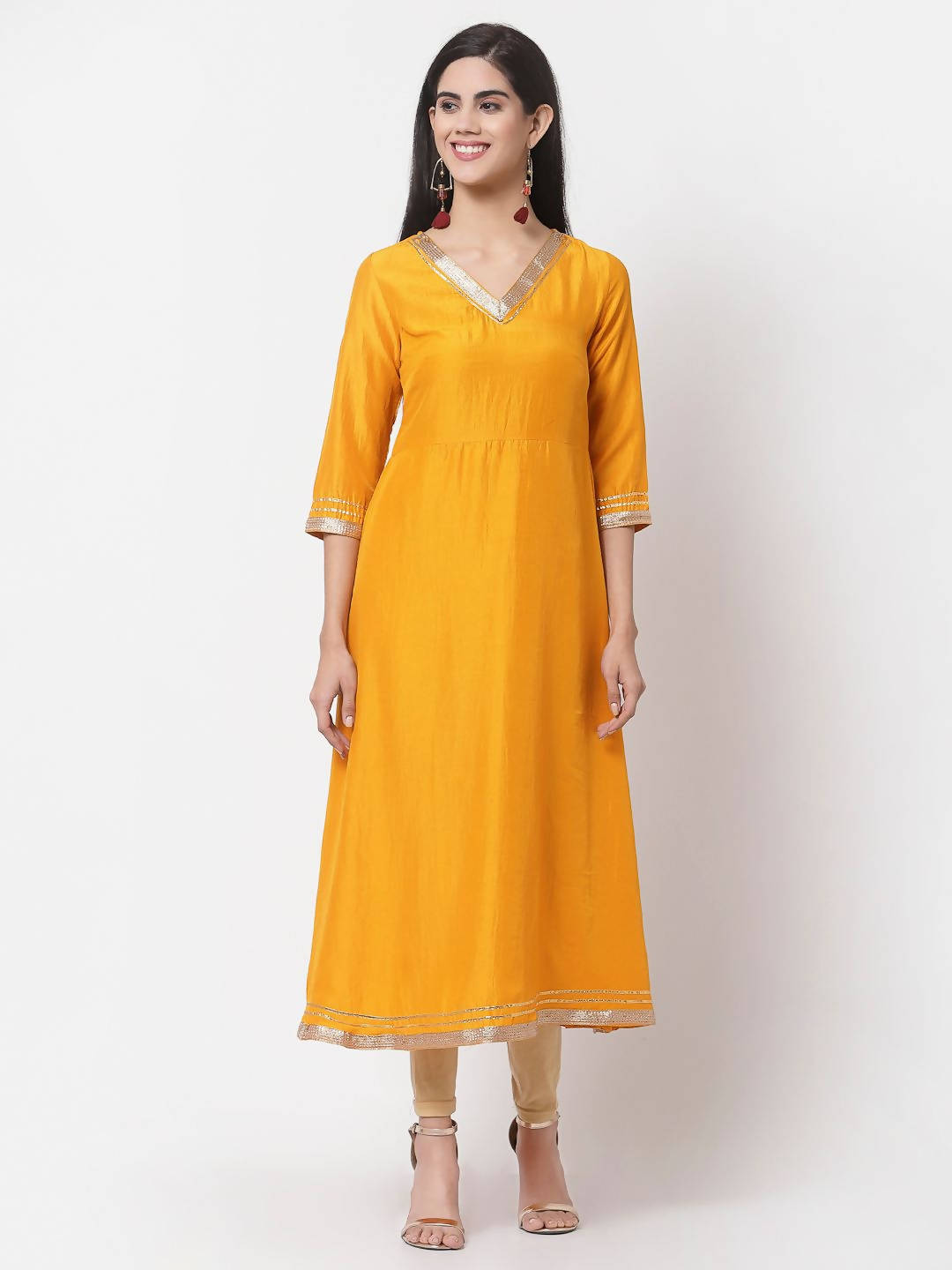 Myshka Yellow Printed Silk Blend 3/4 Sleeve V Neck Casual Kurta Dupatta Set | Grocsy