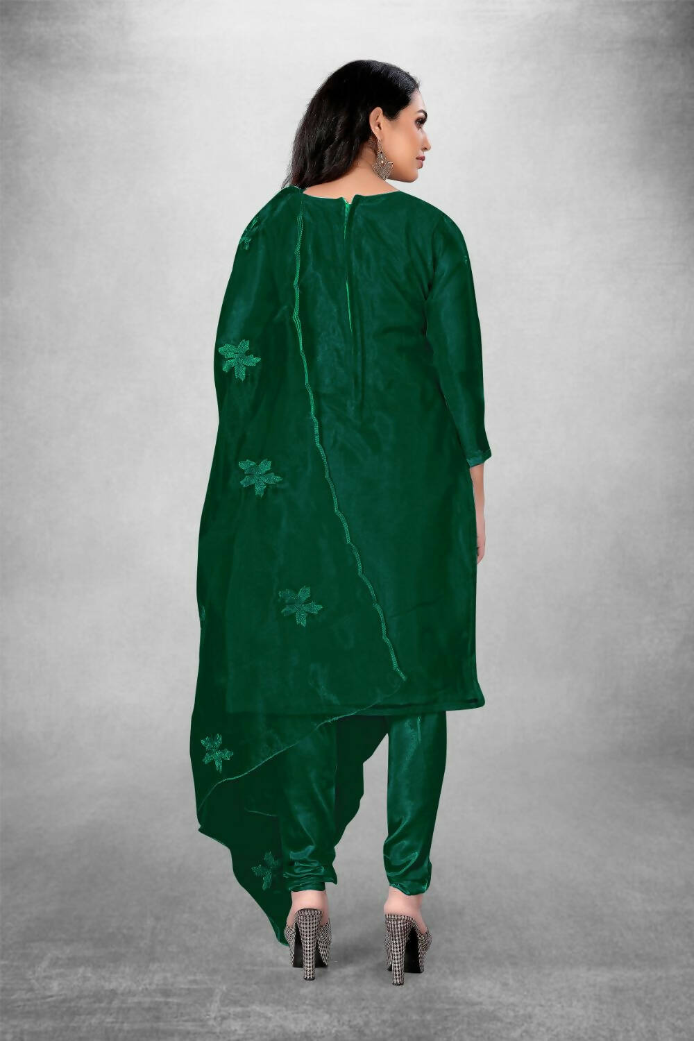 Dark Green Heavy Organza Silk Embroidered Unstitched Dress Material - Amara | Grocsy