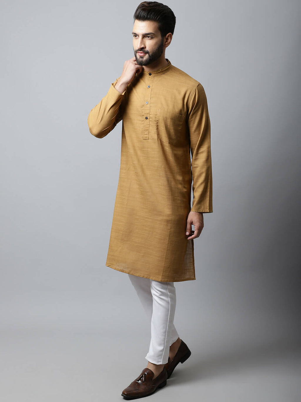Even Apparels Brown Color Pure Cotton Men's Kurta With Band Collar (SLD1177) | Grocsy
