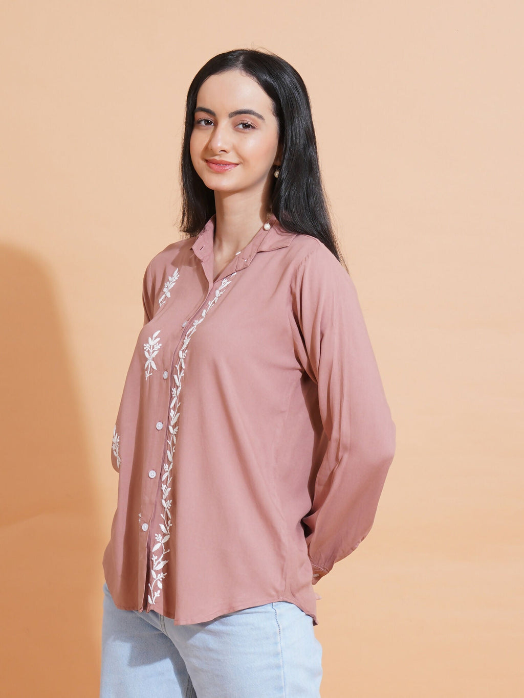 Pahnaz Modal Chikankari Handwork Shirt-Brown | Grocsy