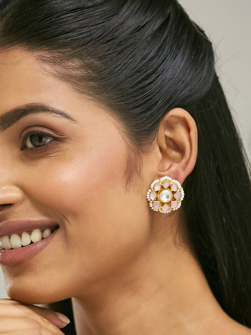 Nuyug 22K Gold-Plated Pink Kundan Studded & Beaded Floral Shaped Studs | Grocsy