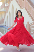 Joban Fashion Red Georgette Sequence Embroidery Work Gown | Grocsy