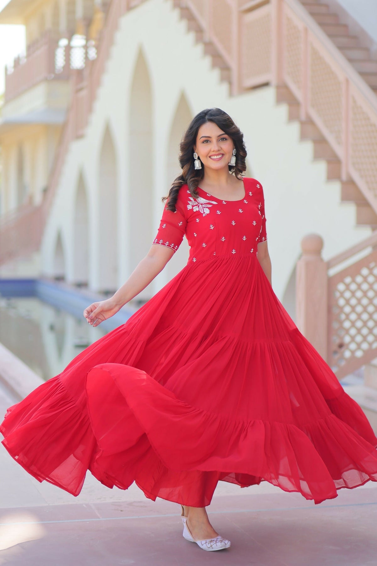 Joban Fashion Red Georgette Sequence Embroidery Work Gown | Grocsy