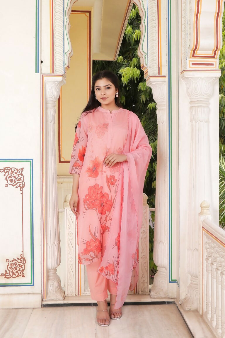 Vaasva Women Pink Tabby Slik Print & Embroidered Kurta, Pant & Dupatta set | Grocsy
