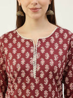 FIORRA Women's Maroon Cotton Straight Kurta Pant With Dupatta | Grocsy