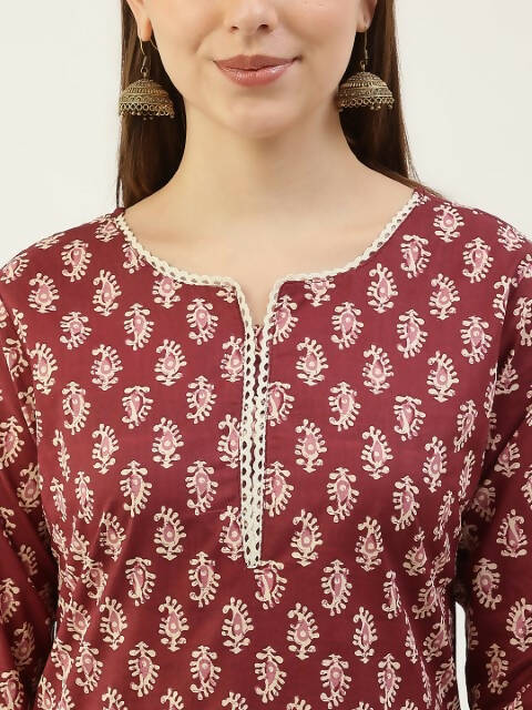 FIORRA Women's Maroon Cotton Straight Kurta Pant With Dupatta | Grocsy