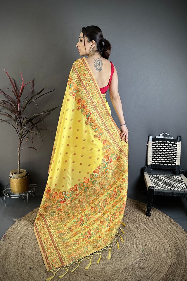 Elora Yellow Pashmina Silk Meenakari Weaving Madhubani Design Kashmiri Saree | Grocsy