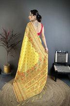 Elora Yellow Pashmina Silk Meenakari Weaving Madhubani Design Kashmiri Saree | Grocsy