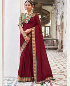 Maroon Vichitra Solid Saree With Unstitched Blouse Piece - Juhi | Grocsy