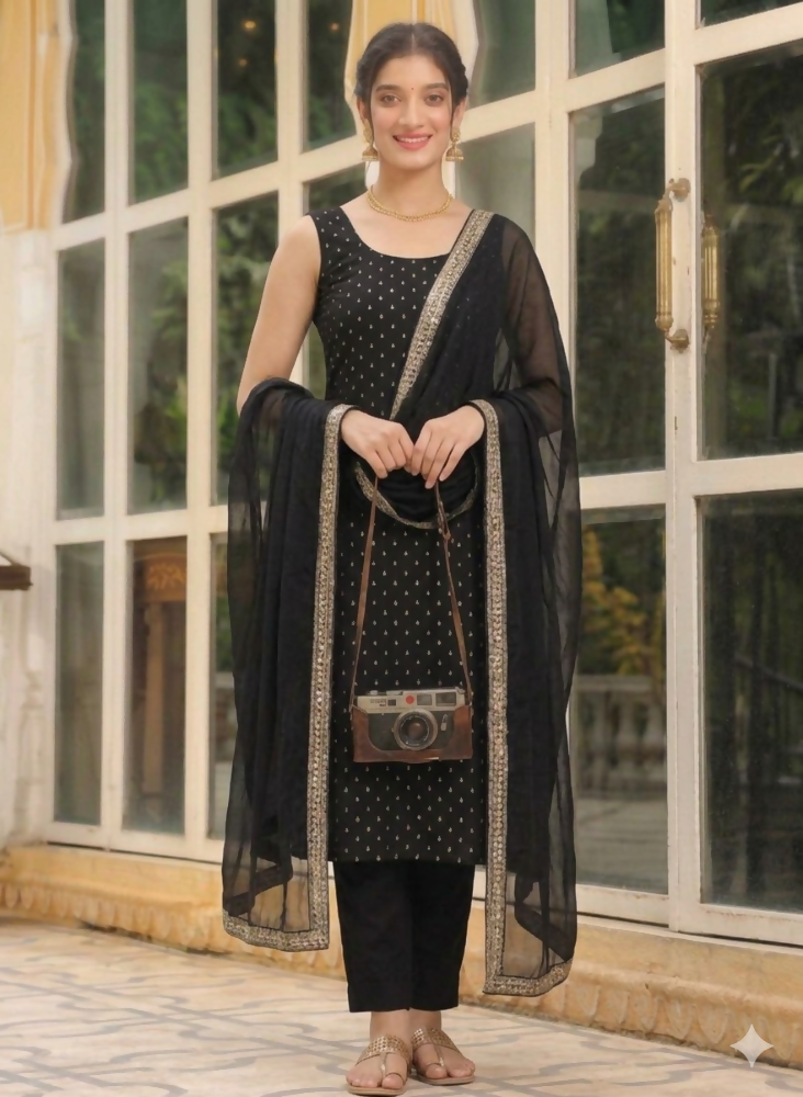 Teeya Creation Womens New Elegant Black Embroidered Kurti with Matching Bottom Set | Grocsy