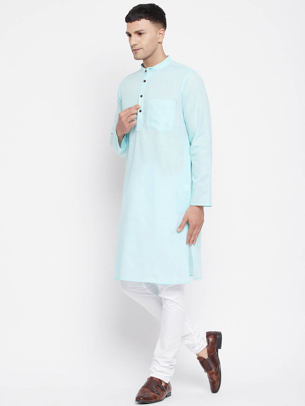 Even Apparels Pure Cotton Blue Color Men's Kurta With Band Collar | Grocsy
