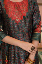 Juniper Green Satin Festive Printed Anarkali Flared Anarkali Kurta For Women | Grocsy