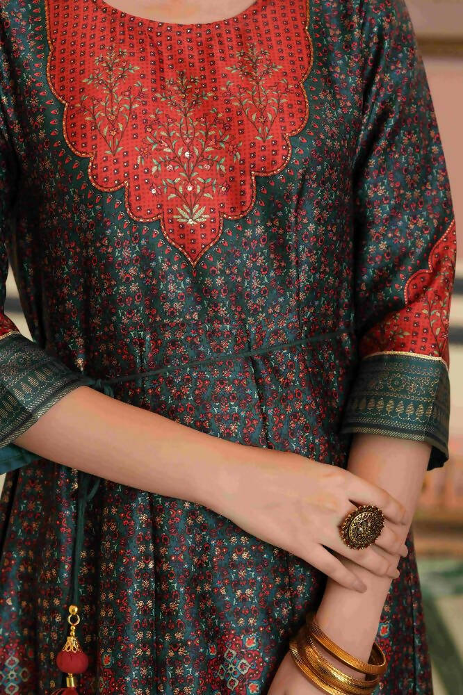 Juniper Green Satin Festive Printed Anarkali Flared Anarkali Kurta For Women | Grocsy