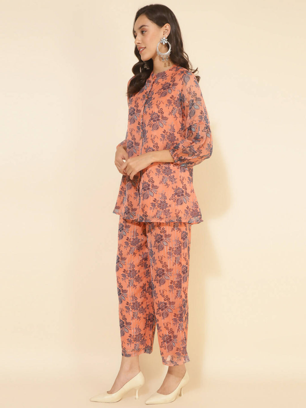 Janasya Women's Peach Chiffon Lurex Floral Printed Festive Regular Co-ords | Grocsy