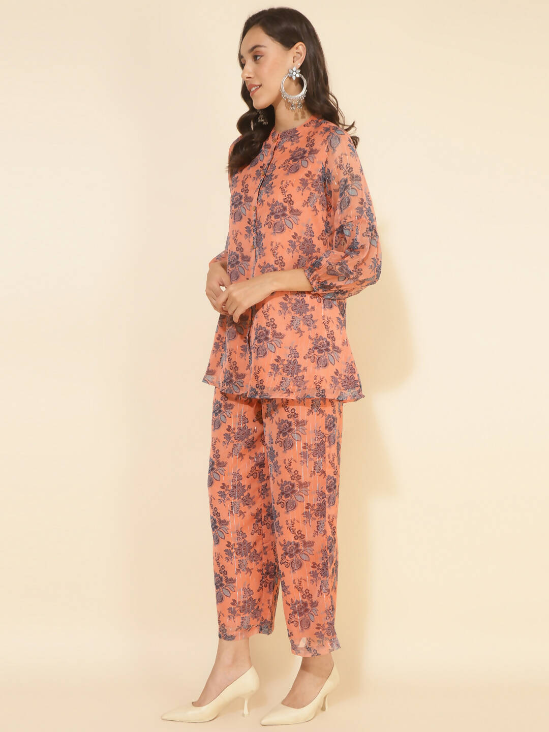 Janasya Women's Peach Chiffon Lurex Floral Printed Festive Regular Co-ords | Grocsy