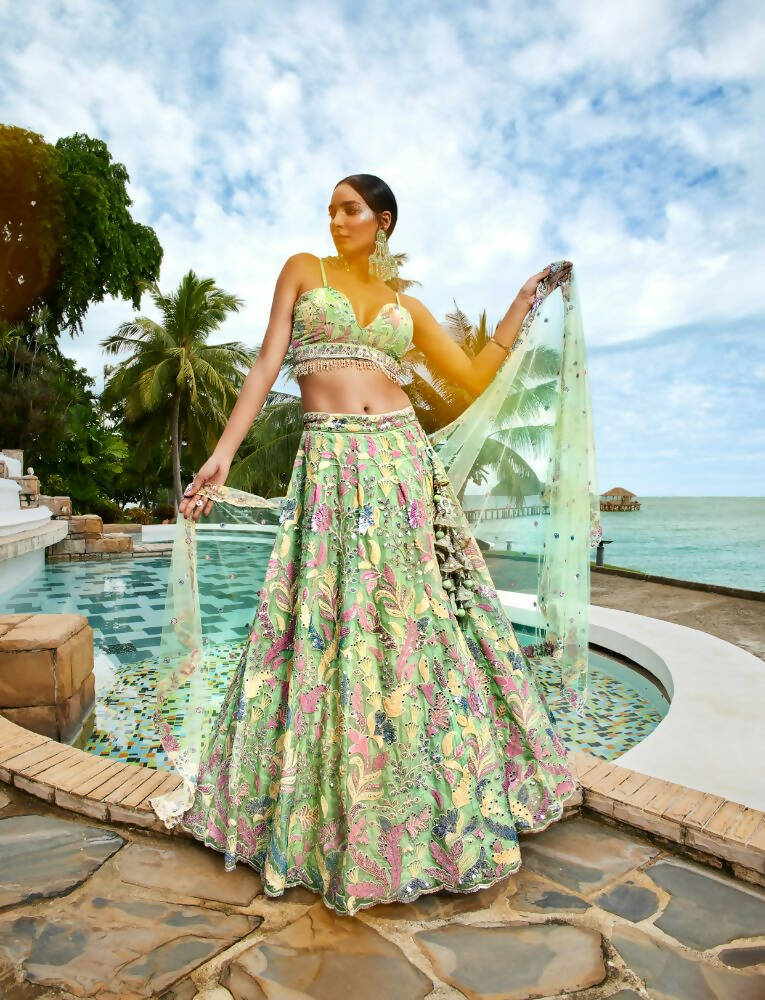 House of Panchhi Lime Green Organza Sequins And Mirror Embroidery Lehenga Choli & Dupatta | Grocsy