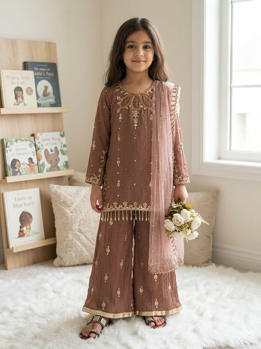 Teeya Creation New Latest Kids Trendy Ready to Wear Kurta Palazzo Set-Brown | Grocsy
