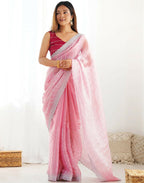 Joban Fashion Shimmer Chiffon Pastel Pink Color Sequence Saree | Grocsy