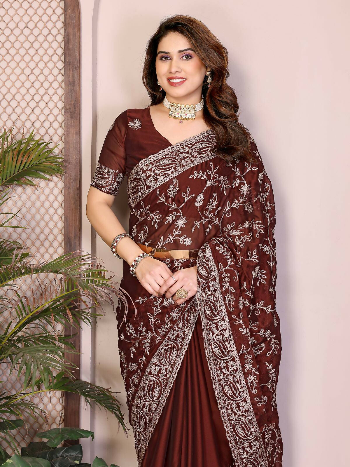 Teeya Creation New Trendy Stylish Party Wear Silk Saree-Brown | Grocsy