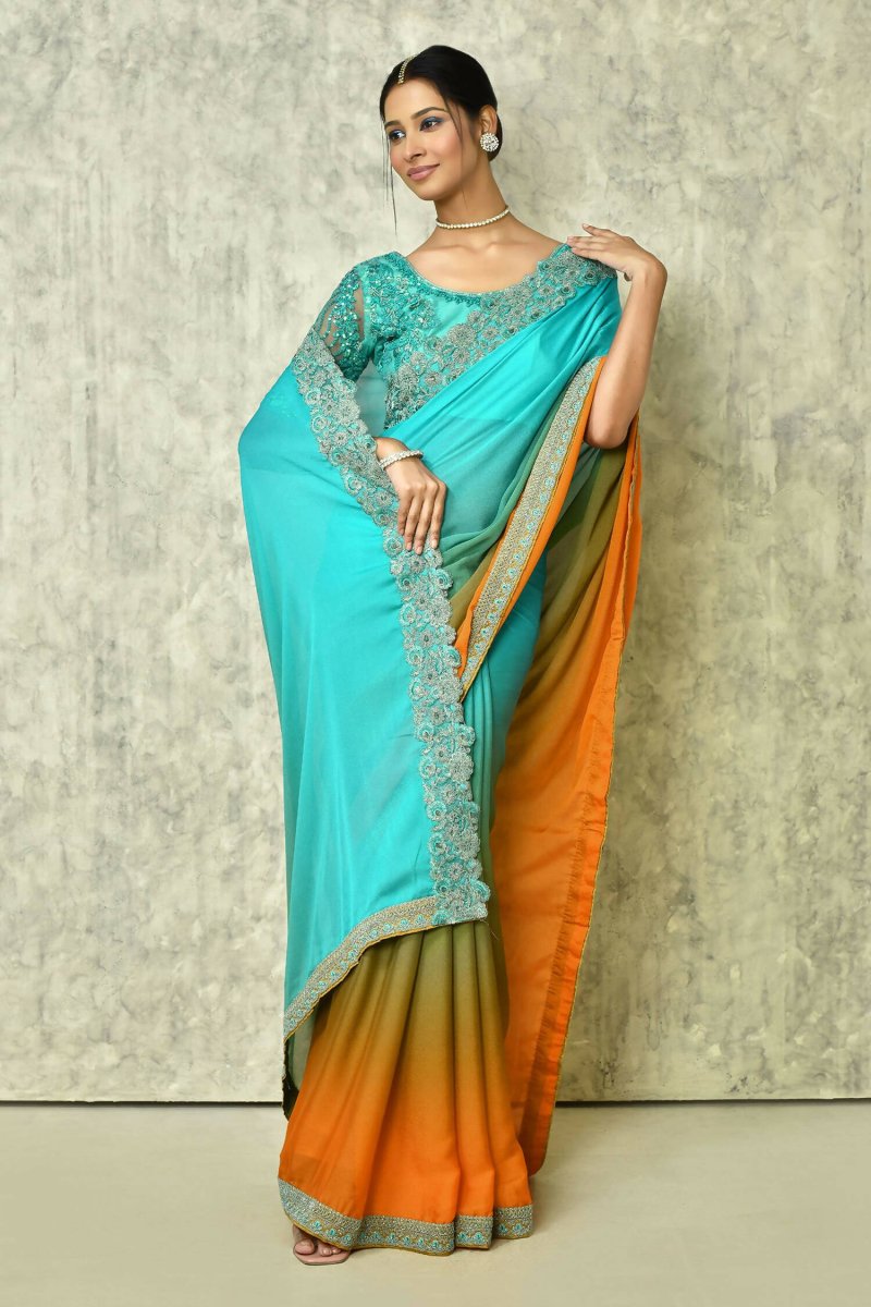 Aqua Blue Silk Plain Saree with Blouse Piece - Purvi | Grocsy