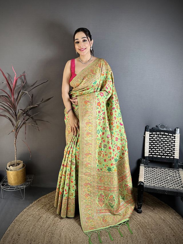 Elora Pastel Green Pashmina Silk Meenakari Weaving Madhubani Design Kashmiri Saree | Grocsy