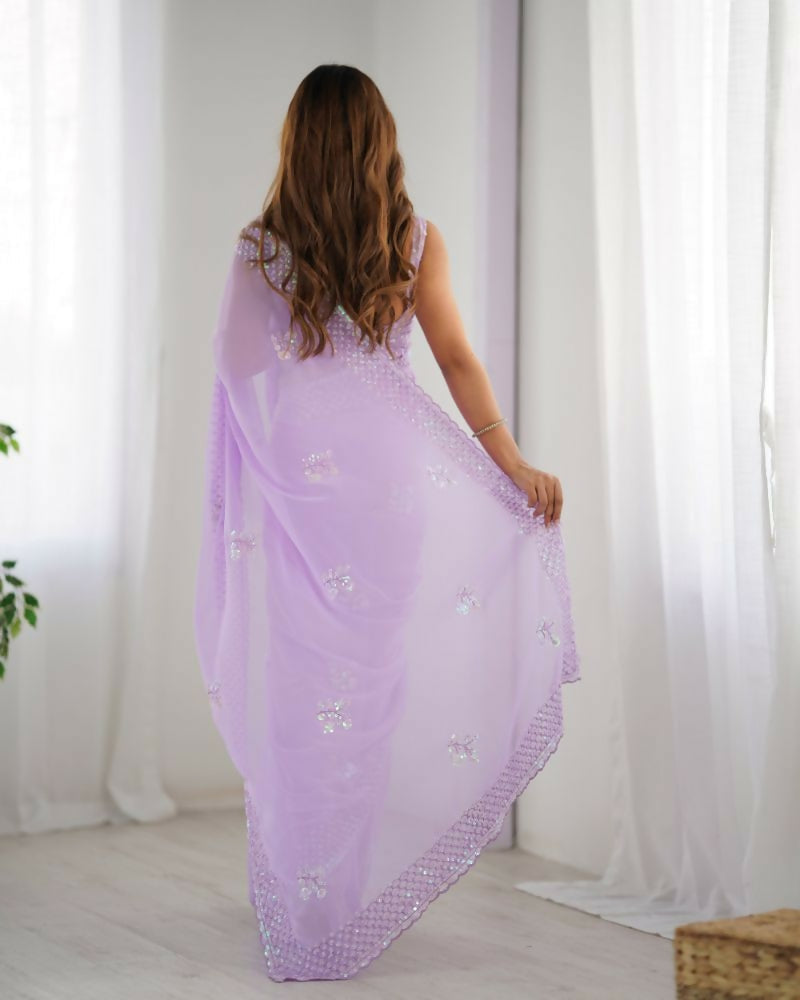 Attractive Looking Georgette Thread, Sequance Embroidery Work Party Wear Saree - Lavender | Grocsy