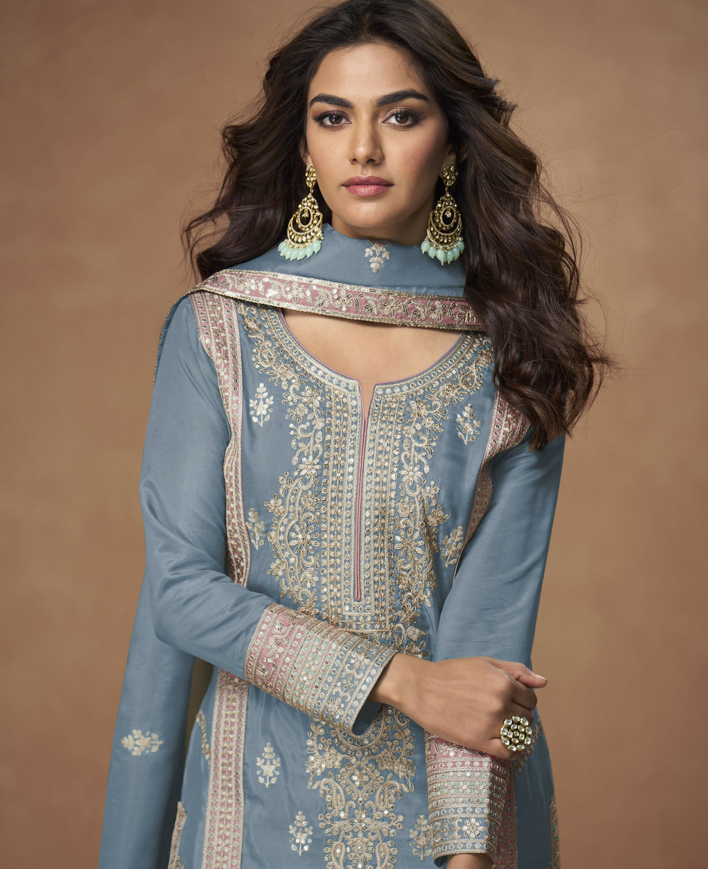 Anaita Sky-Blue Chinon Readymade Palazzo Suit with Embroidery Sequence Work | Grocsy