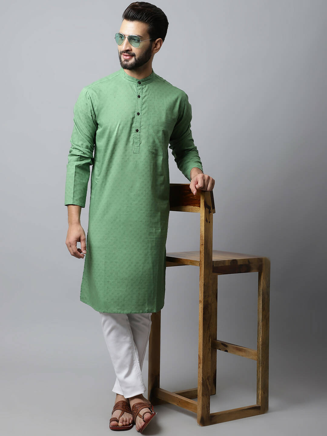 Even Apparels Green Color Pure Cotton Men's Kurta With Band Collar (SLD073) | Grocsy