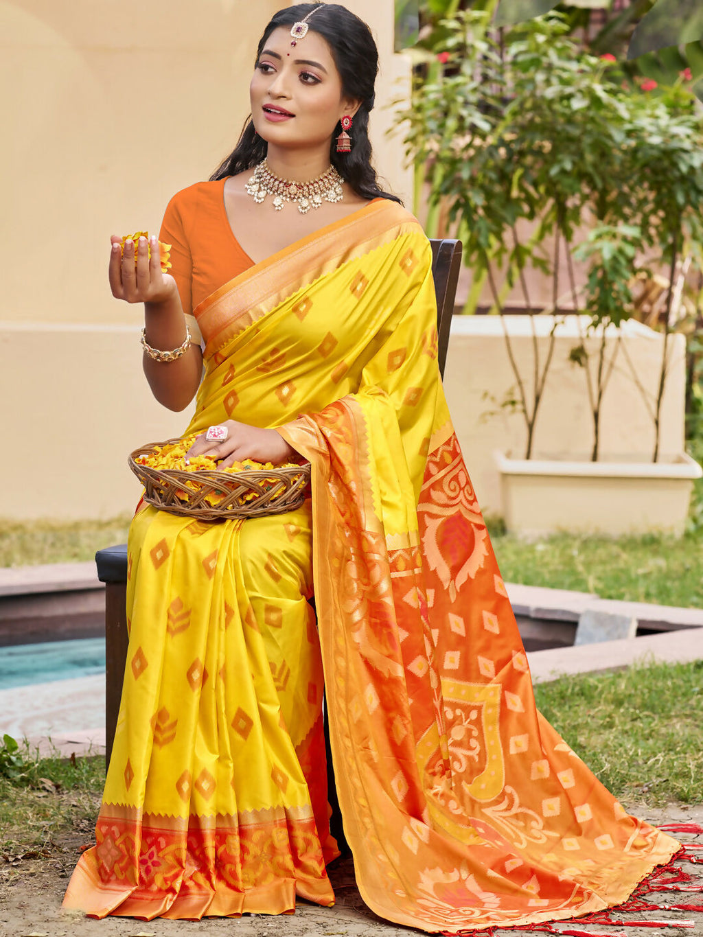 Shree Shyam Fashion Yellow Pochampally Silk Saree | Grocsy