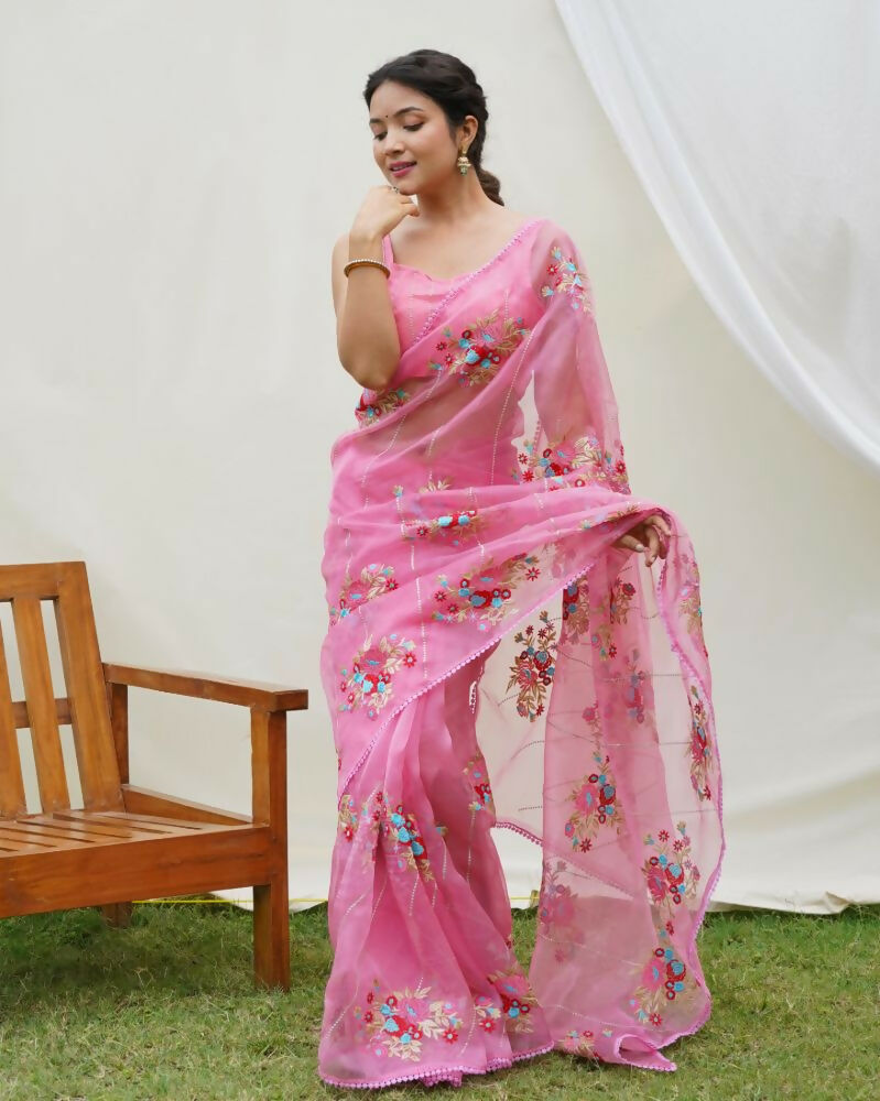 Vamsee Anamika Pink Organza Silk Saree | Grocsy