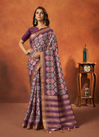 Purple Rangkat and Crepe Silk Aztec Saree With Unstitched Blouse Piece - Mohmanthan Royal Saachi | Grocsy