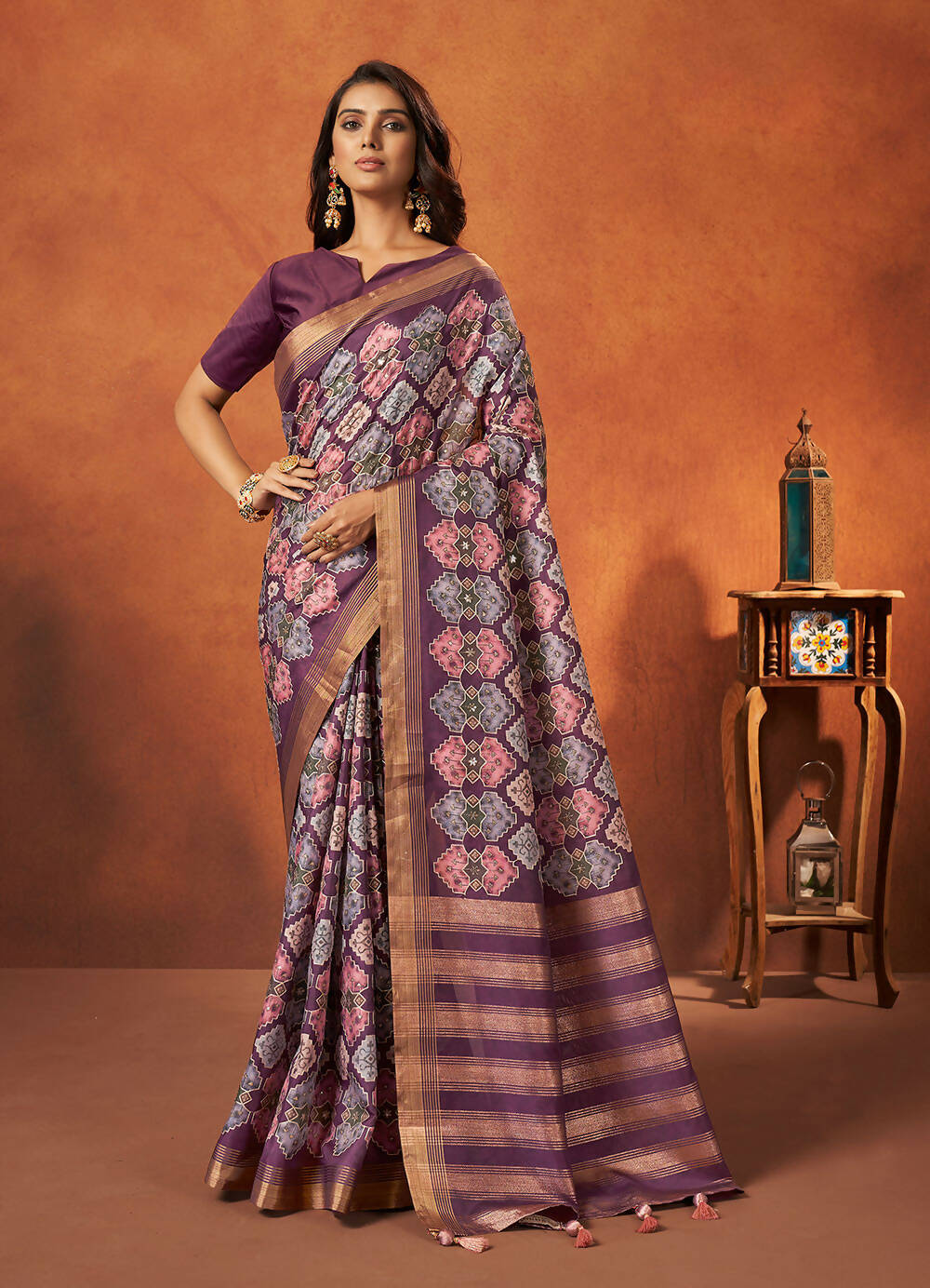 Purple Rangkat and Crepe Silk Aztec Saree With Unstitched Blouse Piece - Mohmanthan Royal Saachi | Grocsy